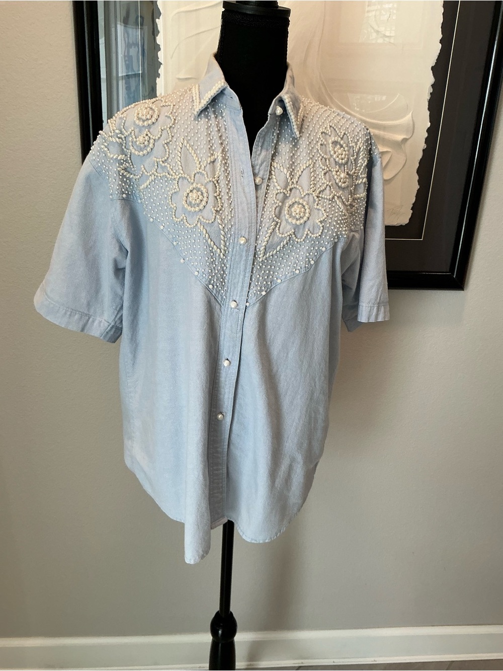 Vintage pearl beaded chambray floral western short sleeve blouse